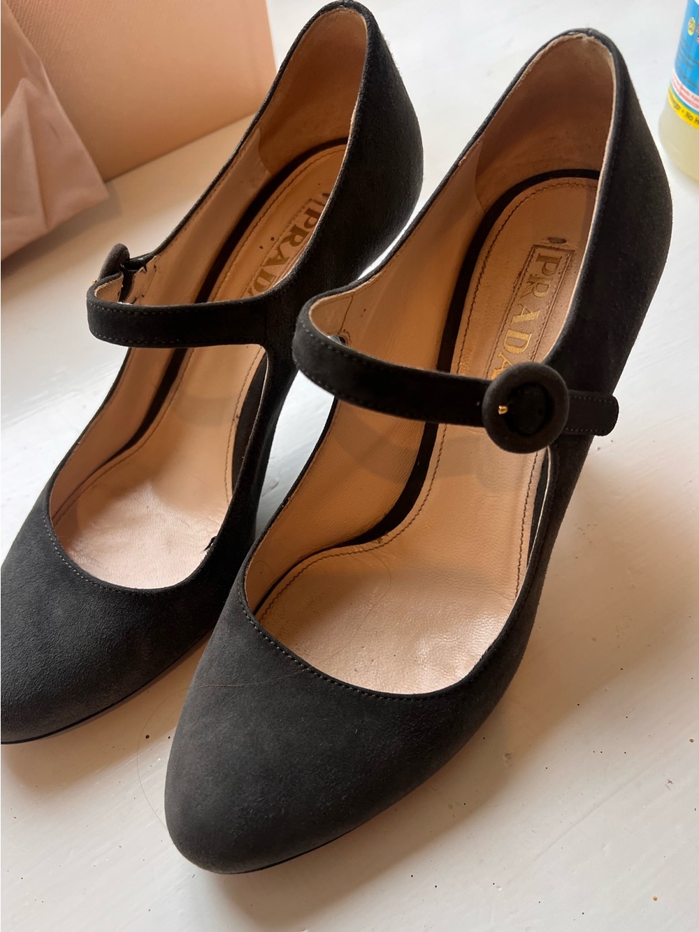 Prada Charcoal Suede Heels with Lovely Mary Jane Button Strap